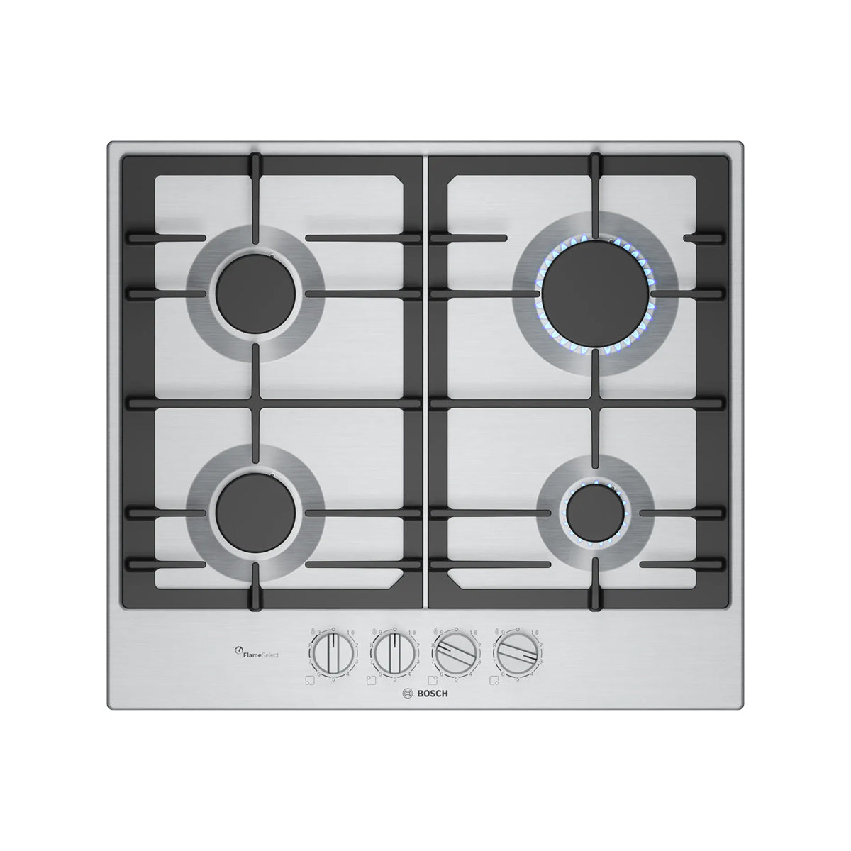 Bosch PCP6A5I90 Series 6 Gas Hob, 4 Burners, Knob Ignition, 58.2cm Wide - Stainless Steel