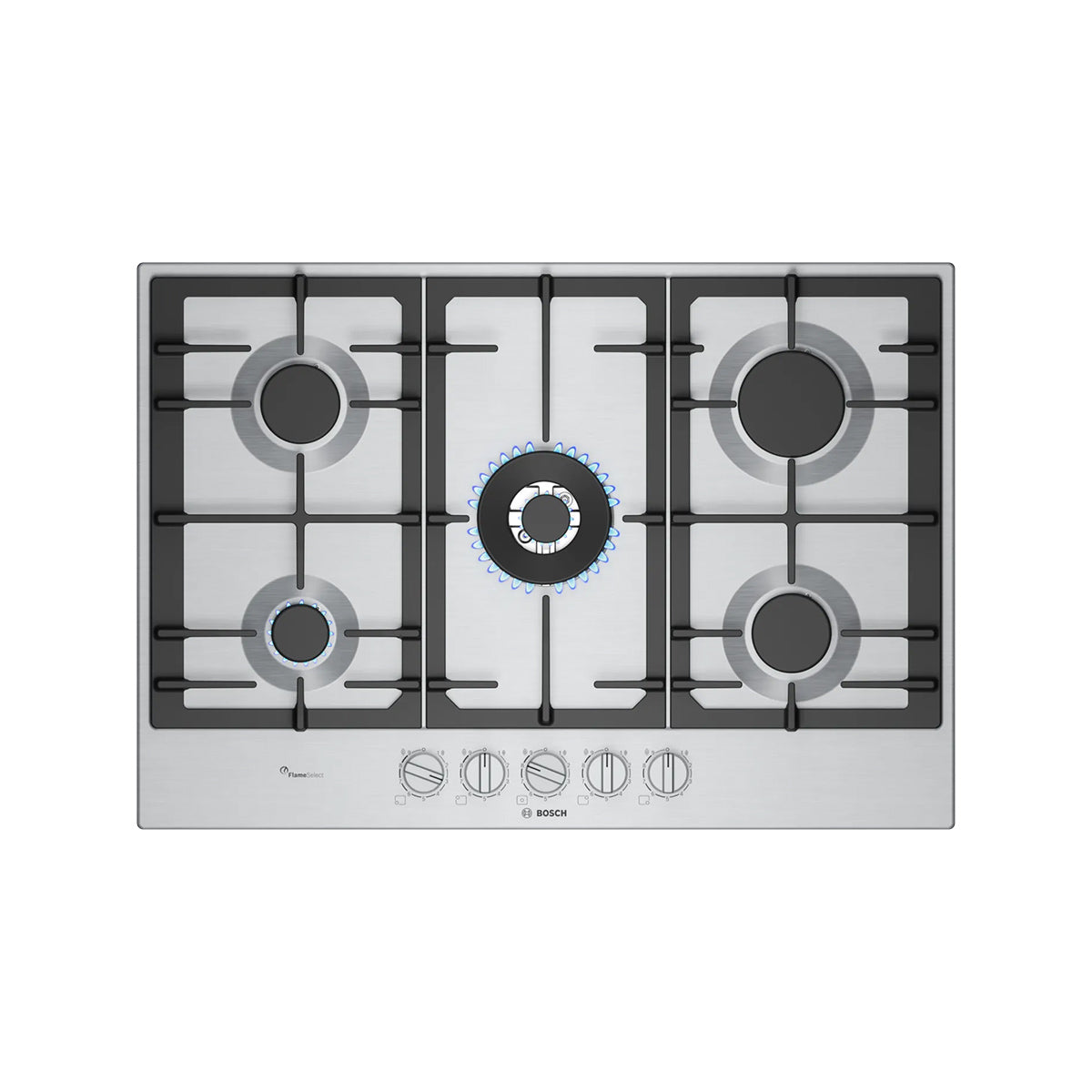 Bosch PCQ7A5I90 Series 6 Gas Hob, 5 Burners, Knob Ignition, 75cm Wide - Stainless Steel