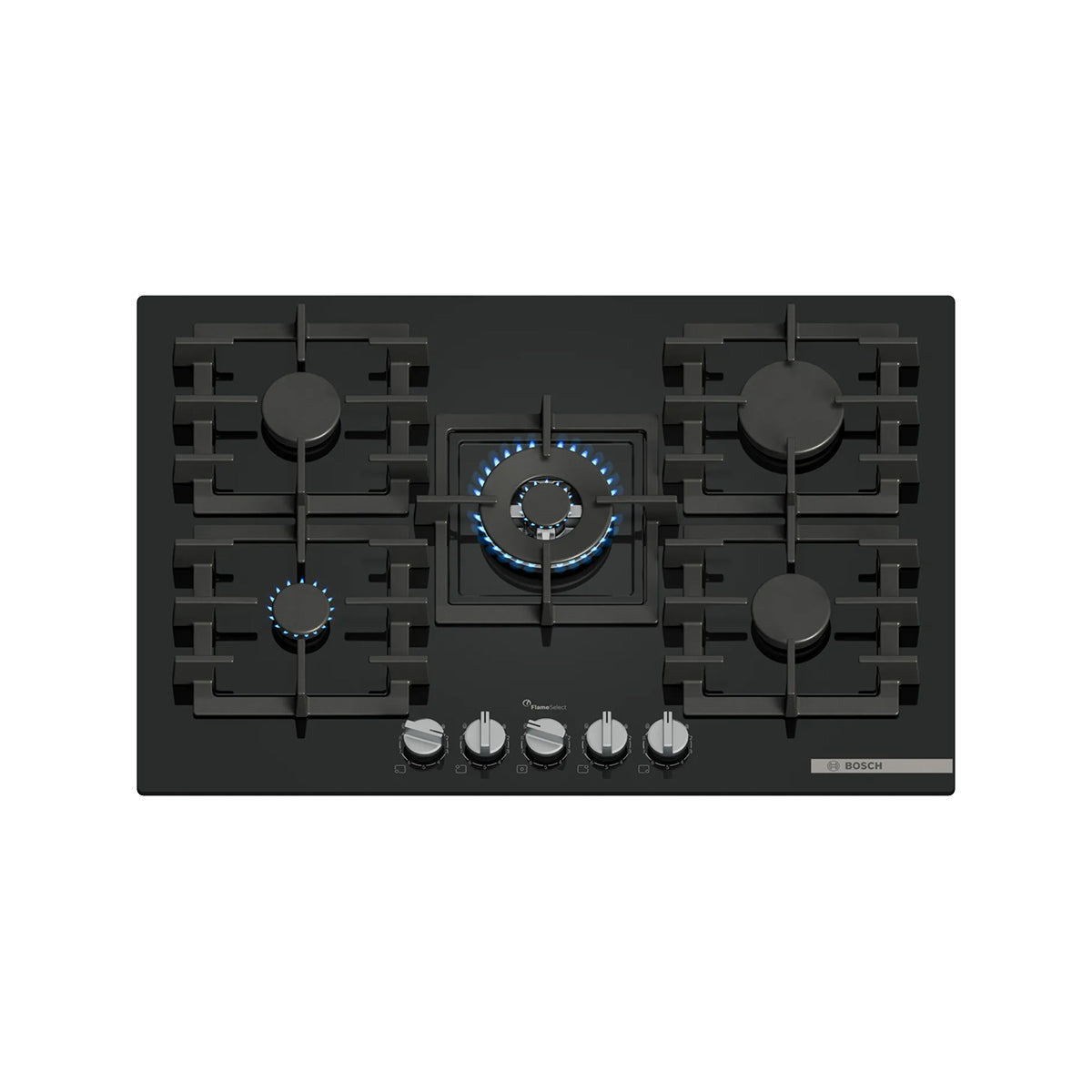 Bosch PPQ7A6I40 Series 6 Gas Hob, 5 Burners, Flush or Surface Mounted, Knob Ignition, 75.2cm Wide - Black, Tempered Glass