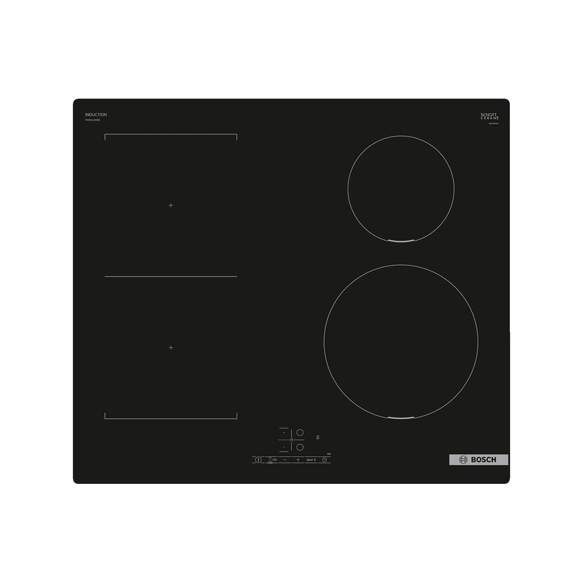Bosch PWP611BB5B Series 4 Induction Hob, 4 Cooking Zones, Surface Mount Without Frame, 59.2cm Wide - Black, Ceramic Glass