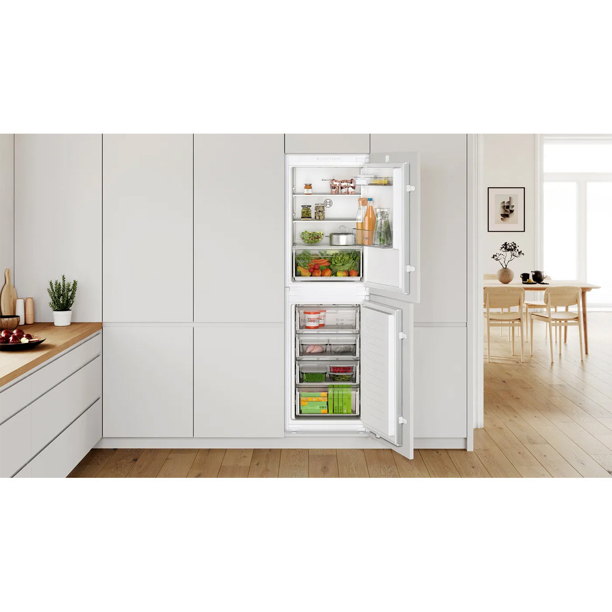 Bosch KIN85NSE0G Series 2 Integrated Fridge Freezer with Freezer at Bottom, 50/50 Split, 150/99 Litre, 54.1cm Wide - Sliding Hinge