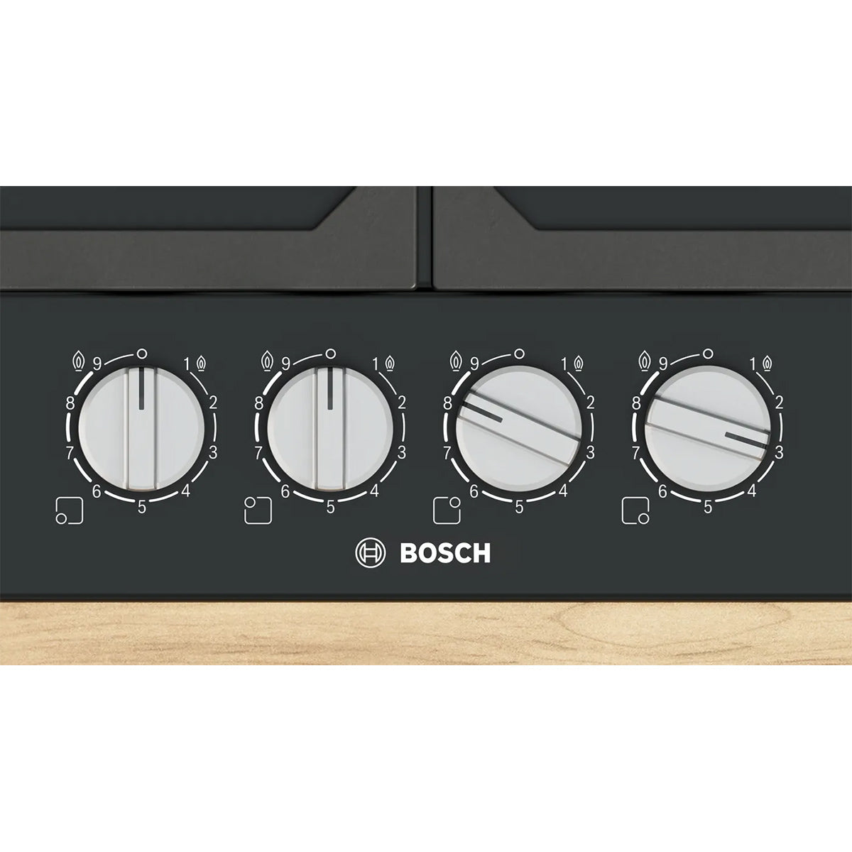 Bosch PCP6A6I90 Series 6 Gas Hob, 4 Burners, Knob Ignition, 58.2cm Wide - Black, Enamel