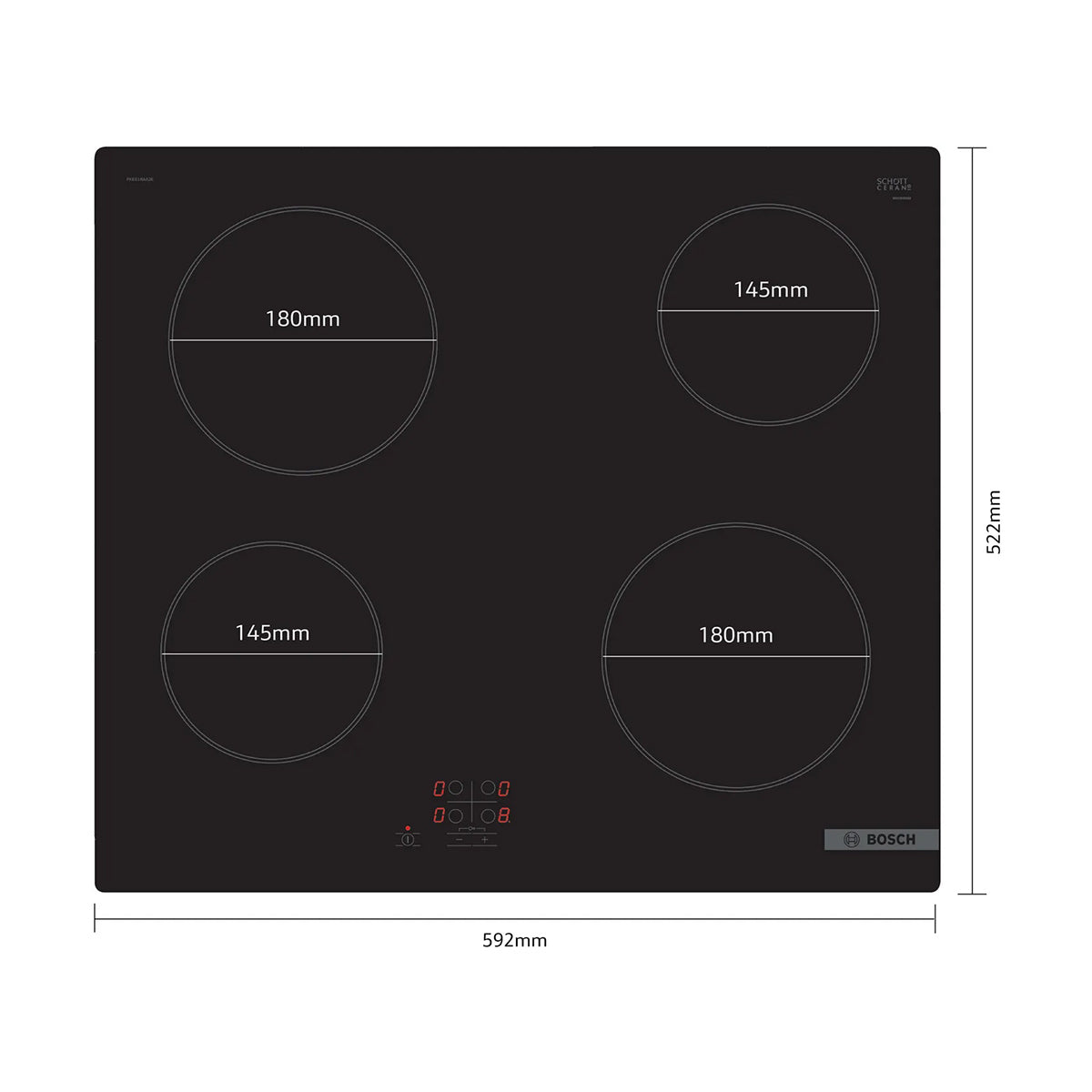 Bosch PKE61RAA8B Series 2 Electric Hob, 4 Cooking Zones, Surface Mount Without Frame, 59.2cm Wide - Black, Ceramic Glass