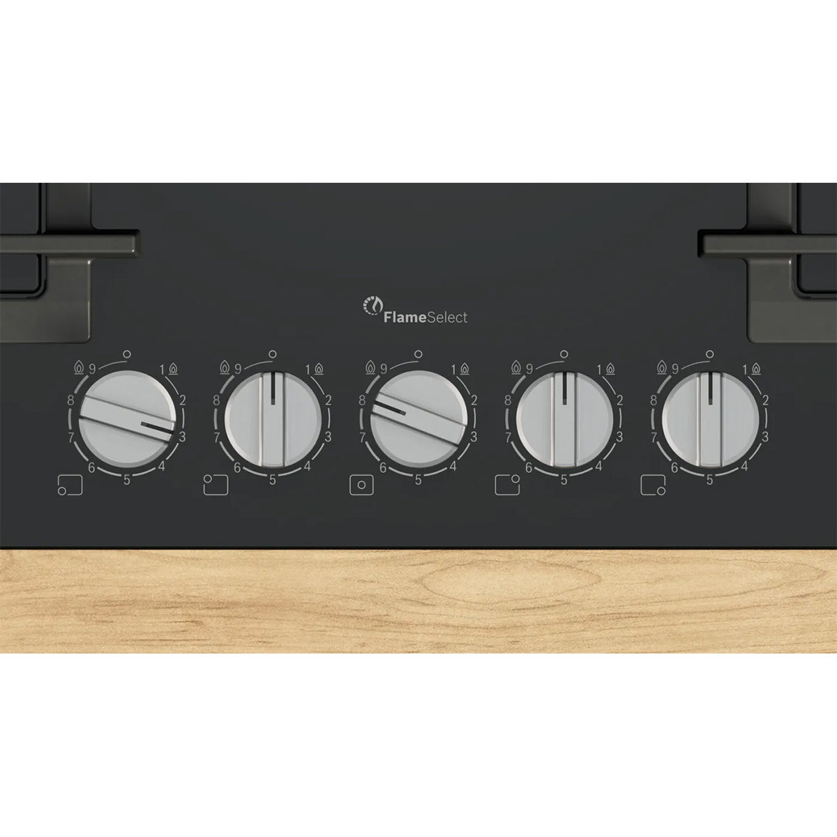 Bosch PPQ7A6I40 Series 6 Gas Hob, 5 Burners, Flush or Surface Mounted, Knob Ignition, 75.2cm Wide - Black, Tempered Glass