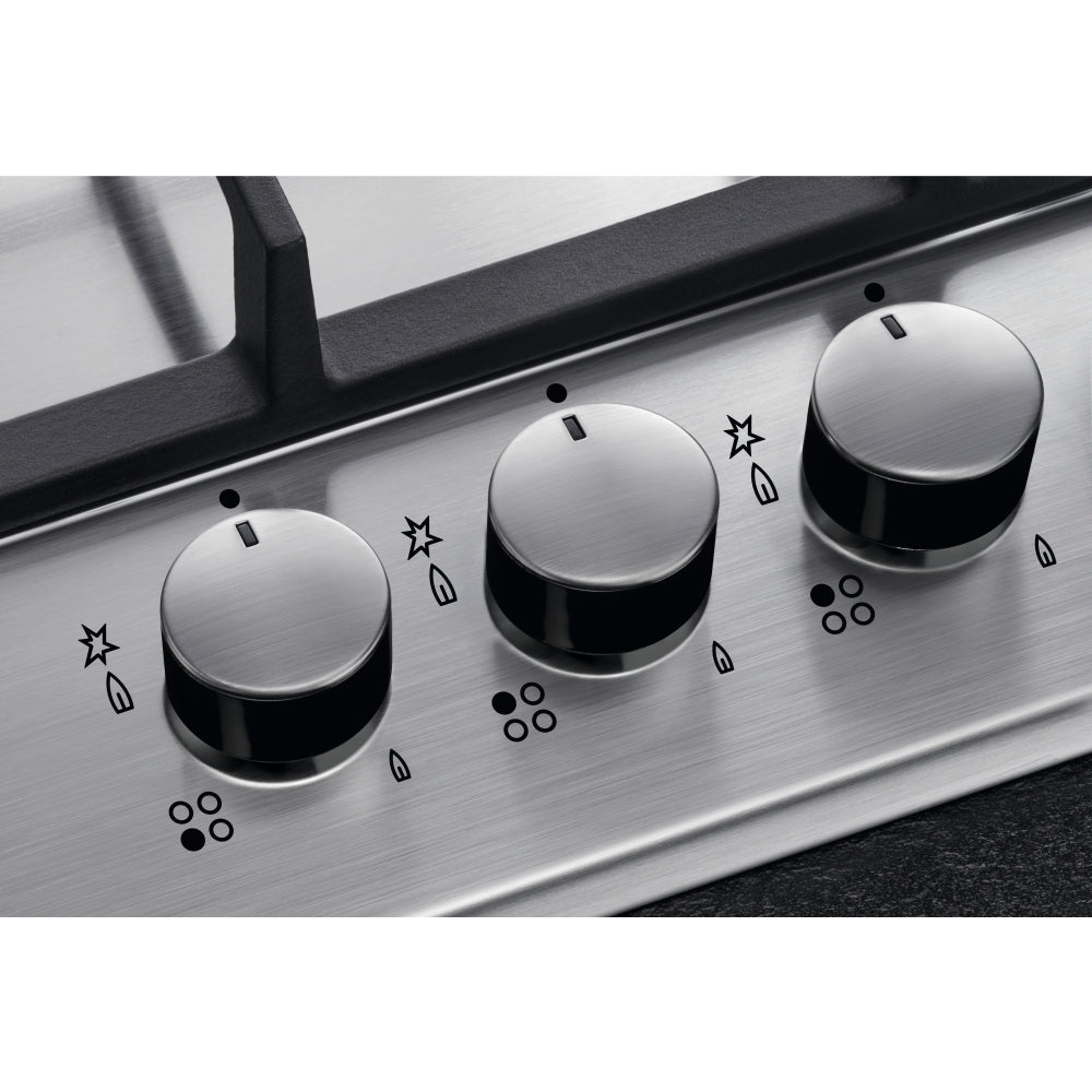 AEG HGX75400SM 75cm wide 5 burner gas hob with Triple crown burner. Black/Silver controls. Cast iro