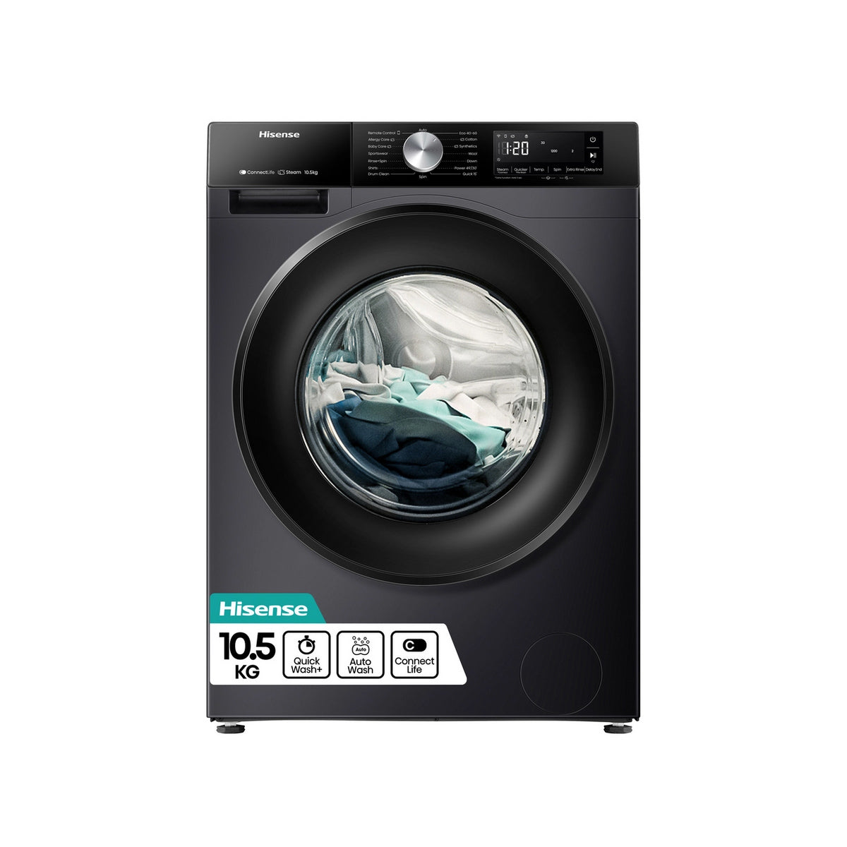 Hisense WF3S1043BB3 10.5kg Freestanding Steam Washing Machine, 1400 Spin, 59.5cm Wide - Black