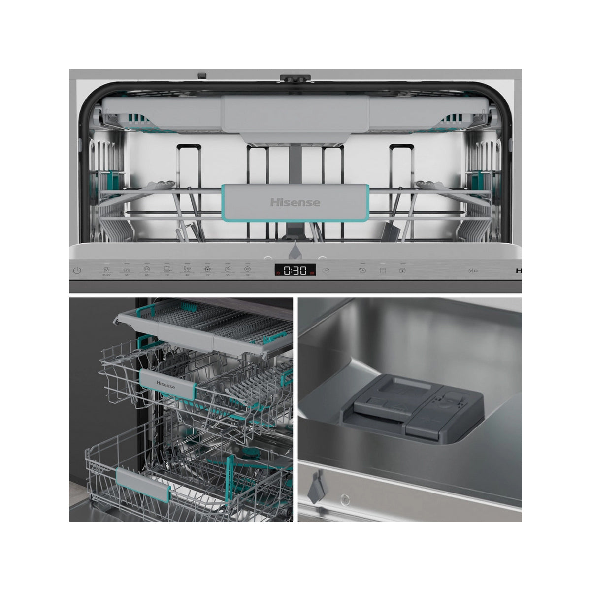 Hisense HV16AUK Full-Size Fully Integrated Dishwasher, 16 Place Settings, 59.8cm Wide - Fixed Hinge