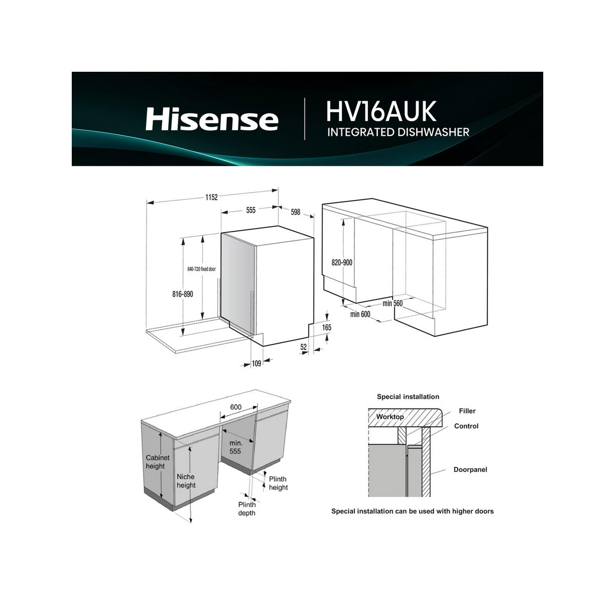 Hisense HV16AUK Full-Size Fully Integrated Dishwasher, 16 Place Settings, 59.8cm Wide - Fixed Hinge