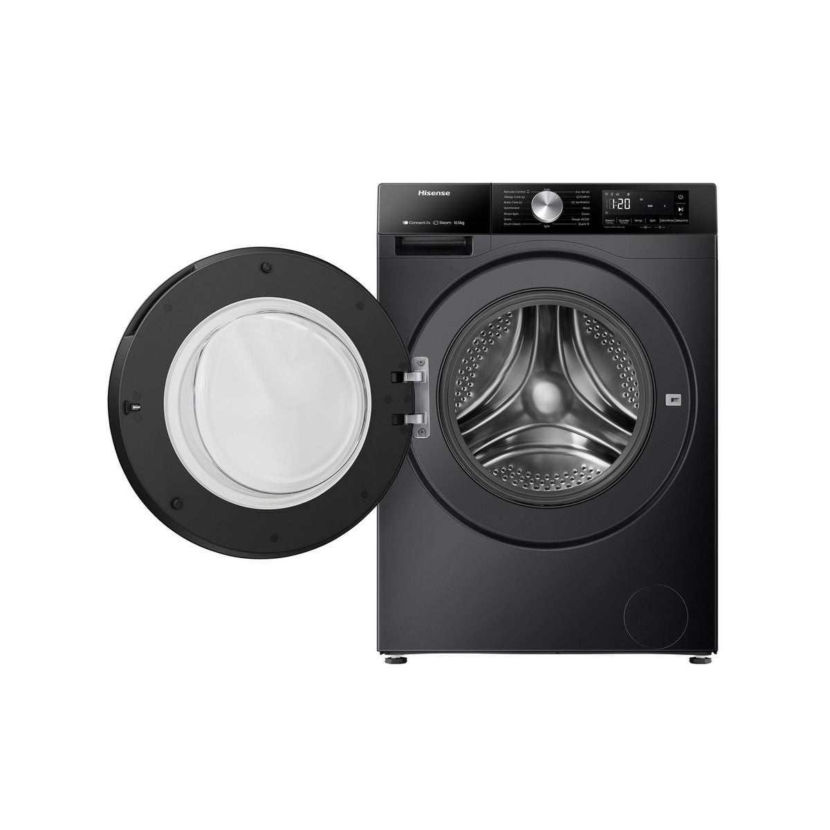 Hisense WF3S1043BB3 10.5kg Freestanding Steam Washing Machine, 1400 Spin, 59.5cm Wide - Black