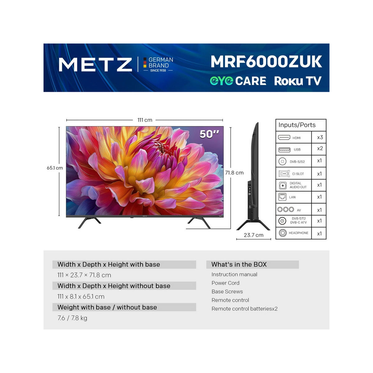 Metz 50MRF6000ZUK 50" 4K DLED Smart TV - Black