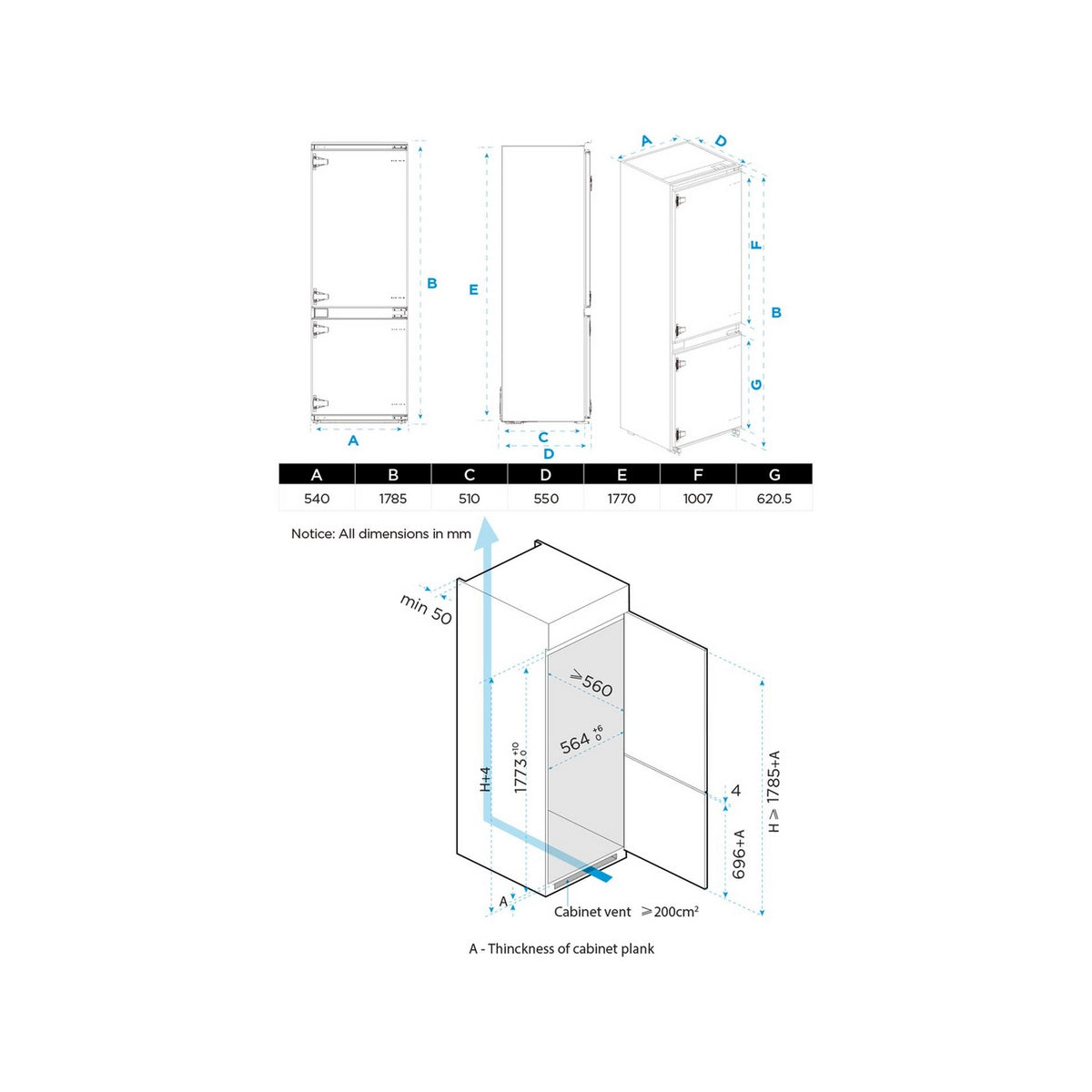 Midea MDRE379FGE01D 70/30 Built-In Fridge Freezer, 271 Litre, 54cm Wide - White