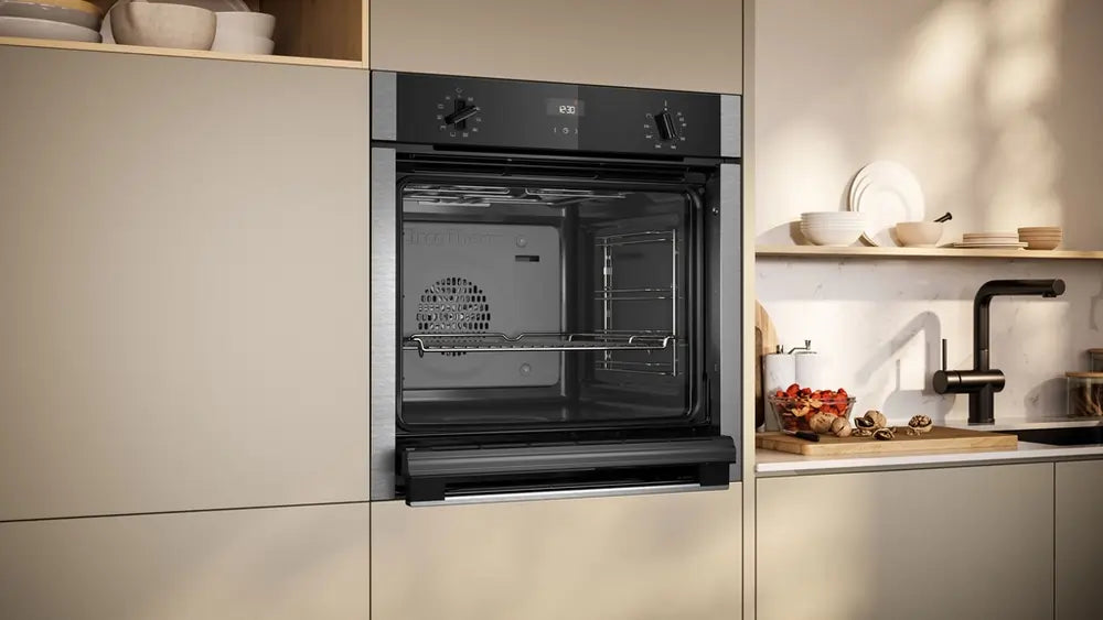 Neff B3ACE4AN3B 59.4cm Slide and Hide Built-in Electric Single Oven, Black/Stainless Steel