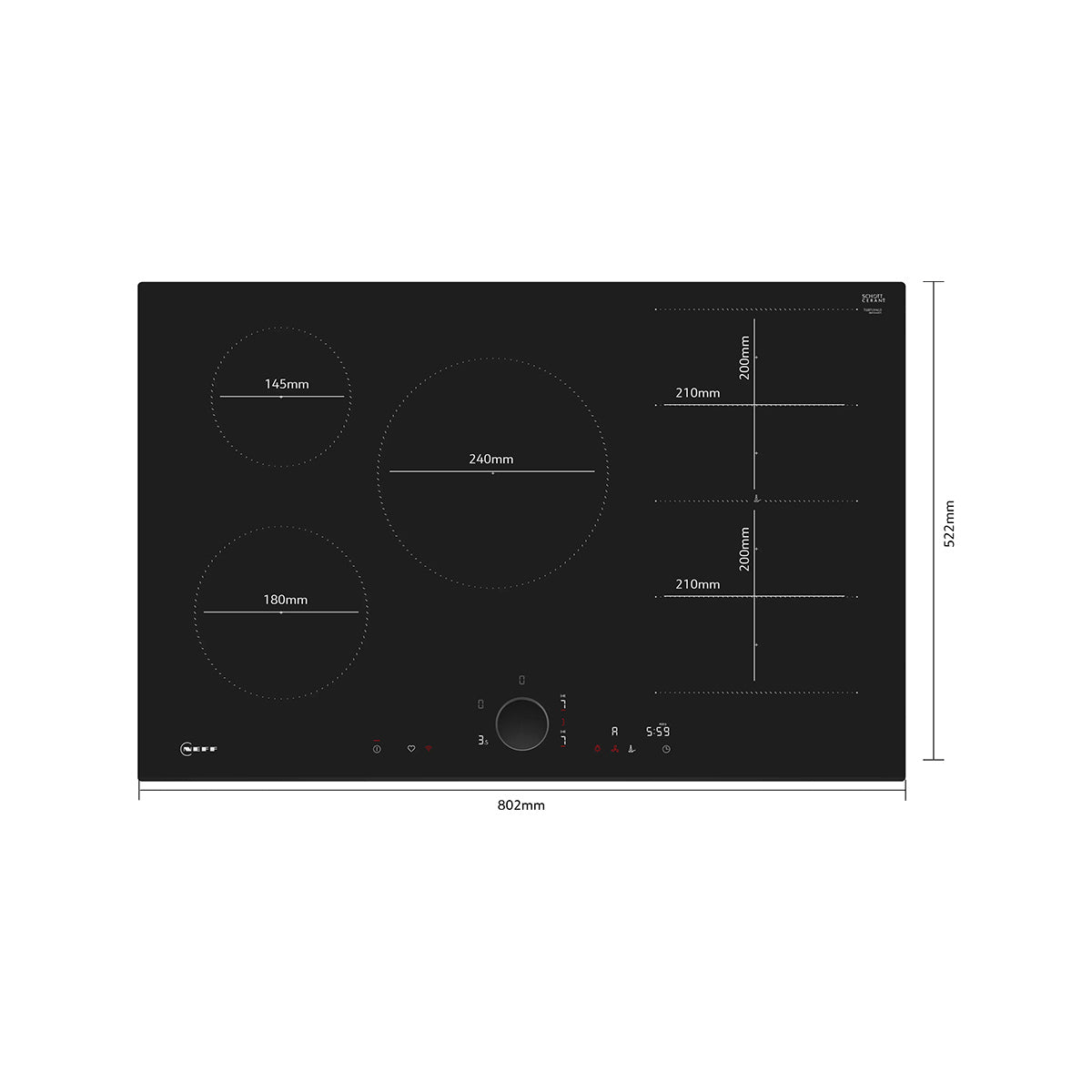 NEFF T68FUV4L0 N 90 Induction Hob, Surface Mount Without Frame, 5 Zones, 80.2cm Wide - Black, Ceramic