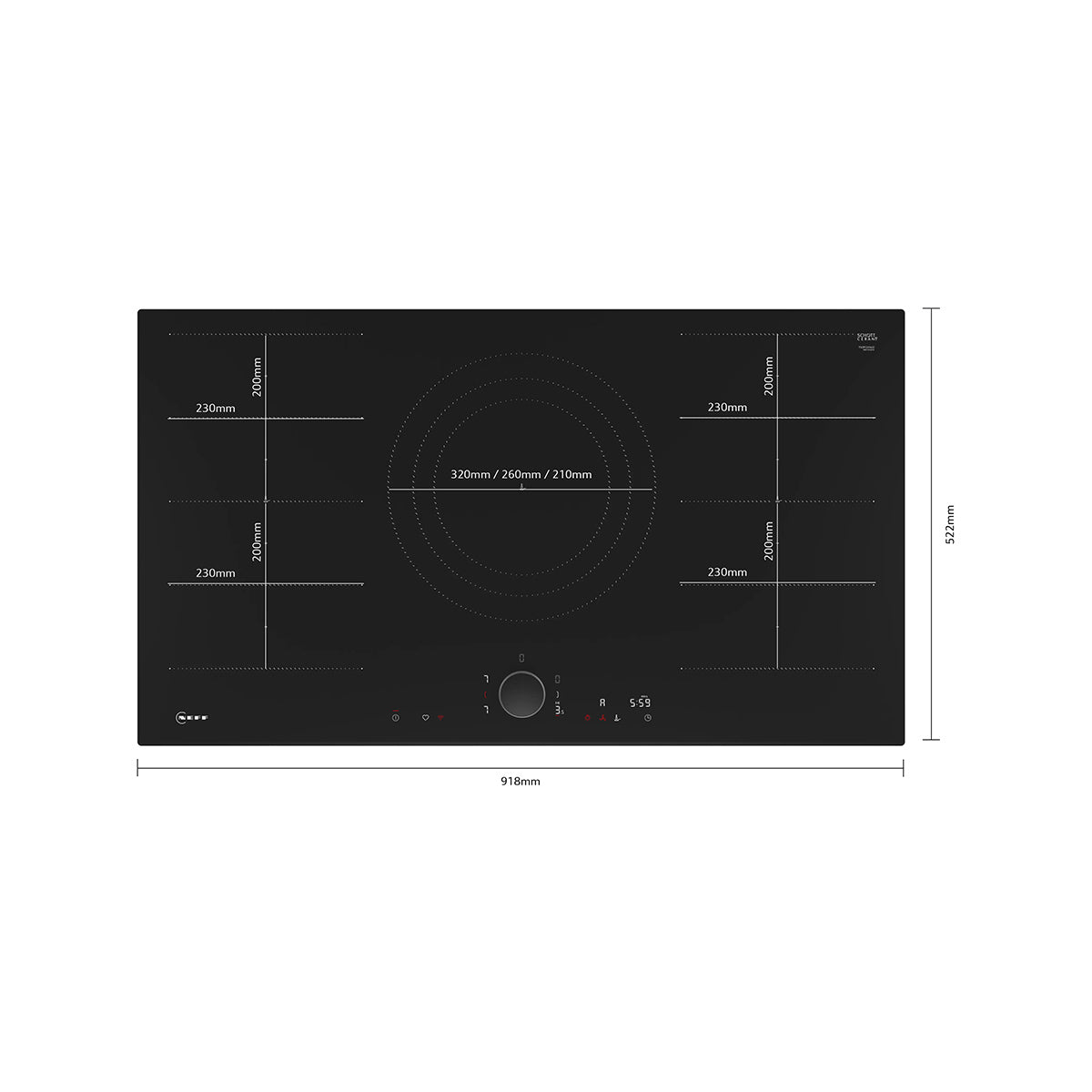 NEFF T69FUV4L0 N 90 Induction Hob, Surface Mount Without Frame, 5 Zones, 91.8cm Wide - Black, Ceramic