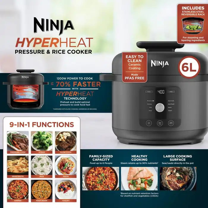 Ninja HyperHeat PC201UK 9-in-1 6 Litre Pressure & Rice Cooker, Grey/Black