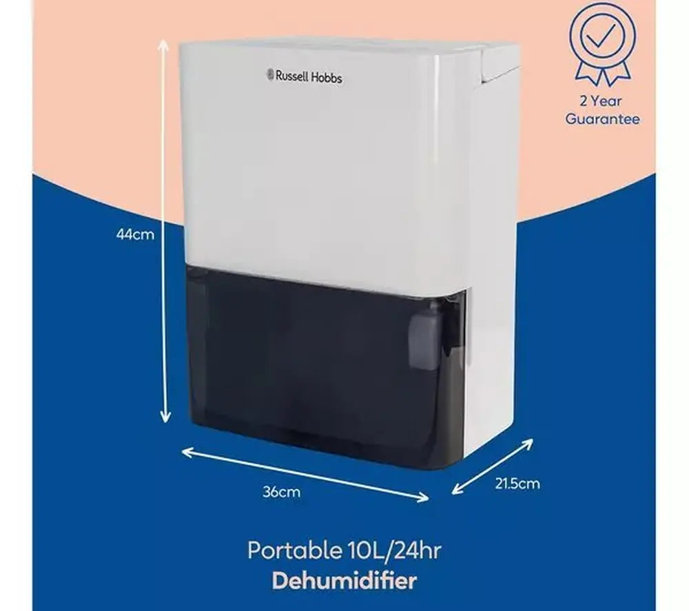 Russell Hobbs RHDH1001 10 Litre Dehumidifier With 2 Litre Water Tank, White & Black