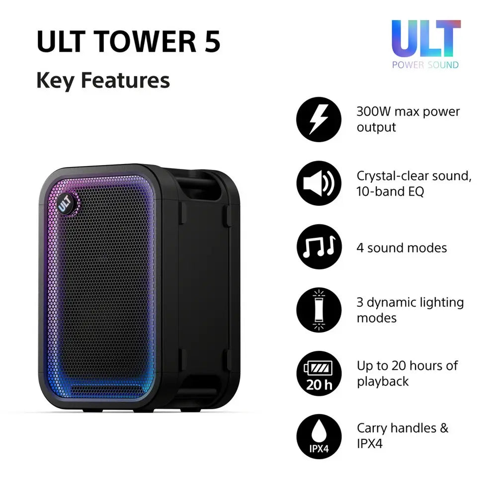 Sony SRSULT500.CEL Wireless ULT Tower 5 Deep Bass Party Speaker with DJ Input, Black