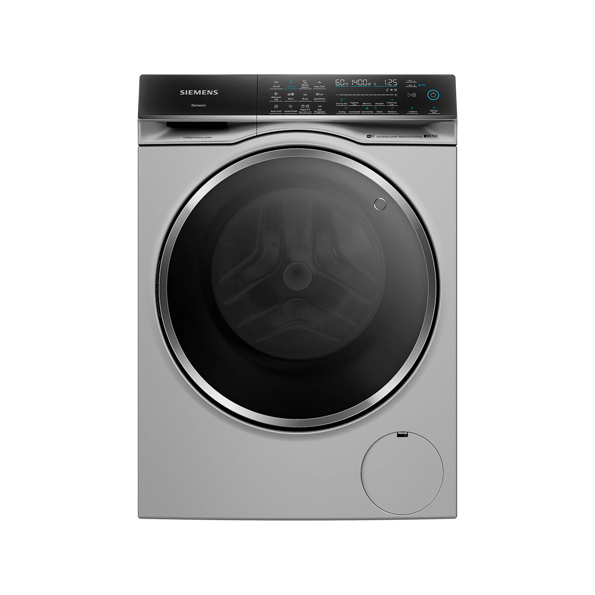 Siemens WN54C2ATGB iQ700 Freestanding Washer Dryer, 10.5/6Kg, 1400 rpm, 59.8cm Wide - Chrome/Black Door
