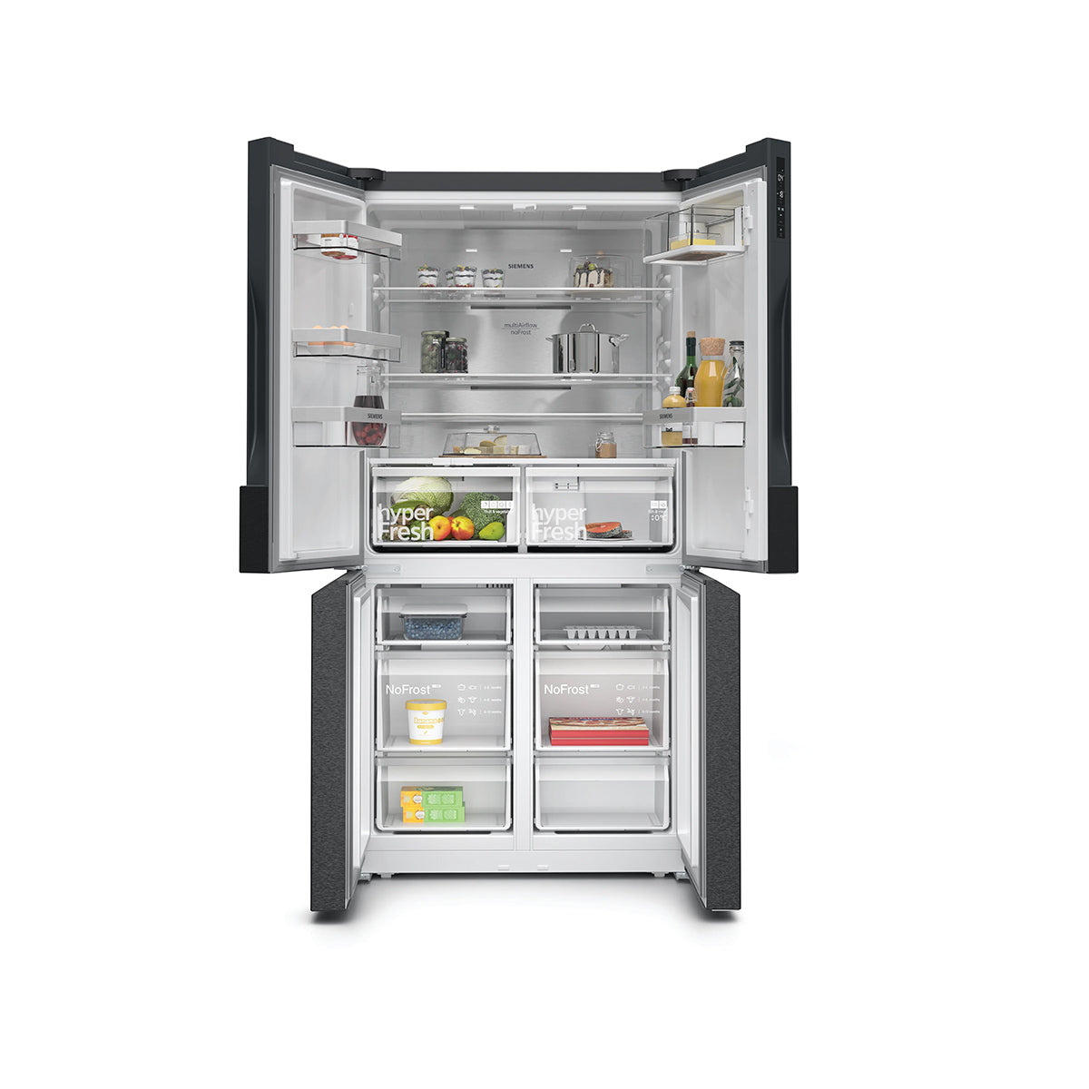 Siemens KF96NAXEAG iQ300 Freestanding Multi Door American Fridge Freezer, 405/200 Litre, Total noFrost, 90.5cm Wide - Brushed Black Steel, Anti-Fingerprint