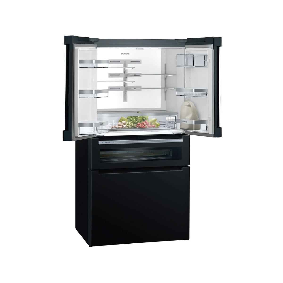 Siemens KF96RSBEA iQ700 Freestanding French Door Fridge Freezer With Bottom Glass, 401/171 Litre, Total noFrost, 90.5cm Wide - Black