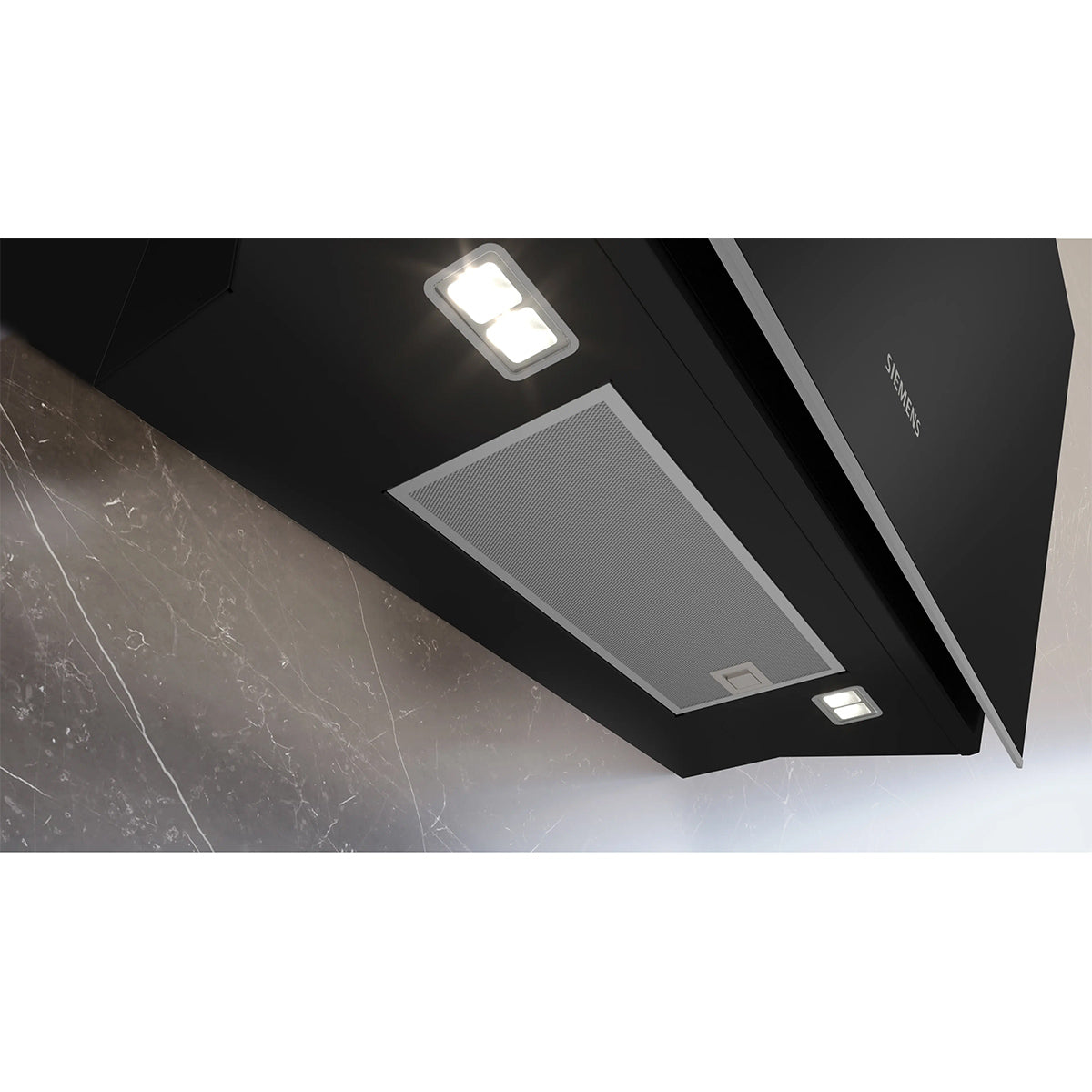 Siemens LC91KLT60B iQ700 Wall-Mounted Cooker Hood, 3 Speeds + 2 Intensive, 230 W Motors, 89cm Wide - Clear Glass Black Printed