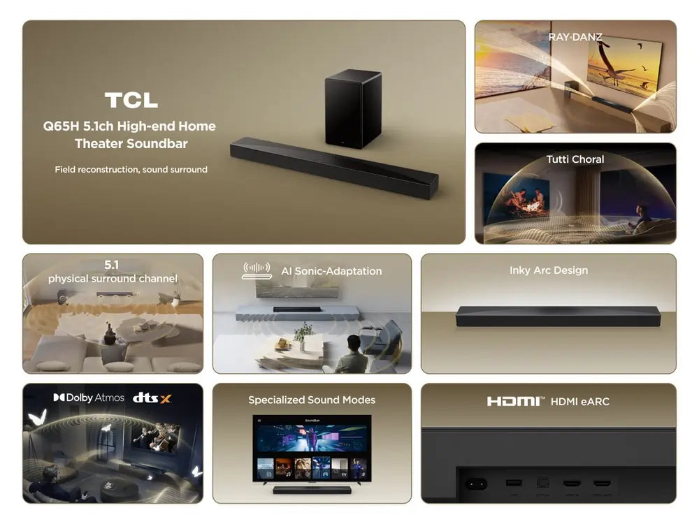 TCL Q65H 5.1 Channel Soundbar With Dolby Atmos & Ray Danz Technologies, Black