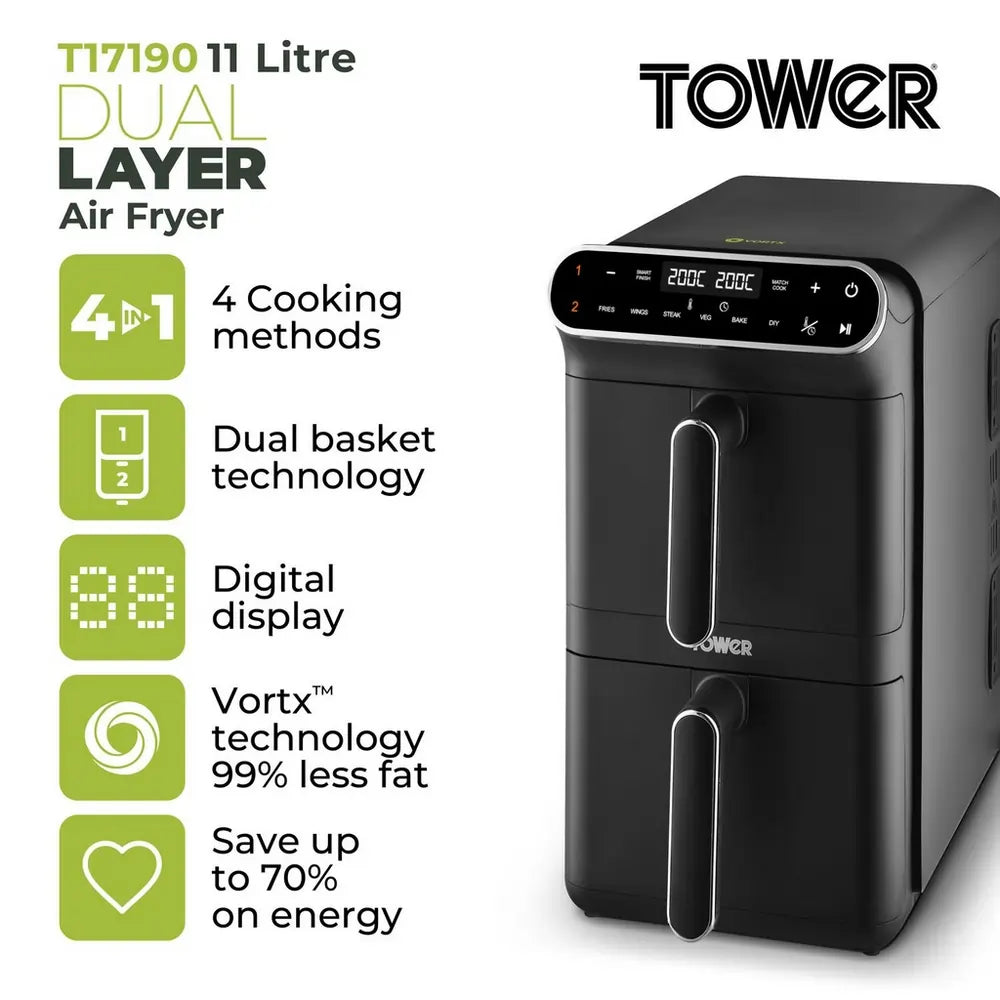 Tower T17190 Vortx 11 Liter Dual Layer Air Fryer, Black with Chrome Trim