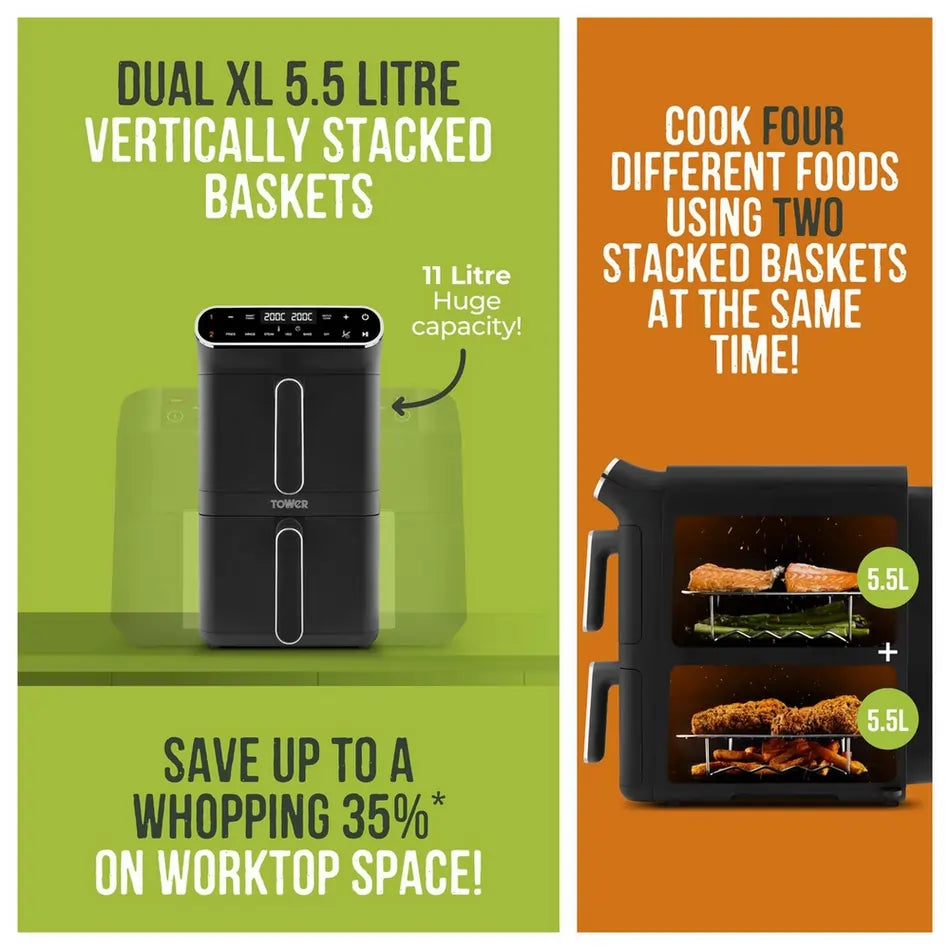 Tower T17190 Vortx 11 Liter Dual Layer Air Fryer, Black with Chrome Trim