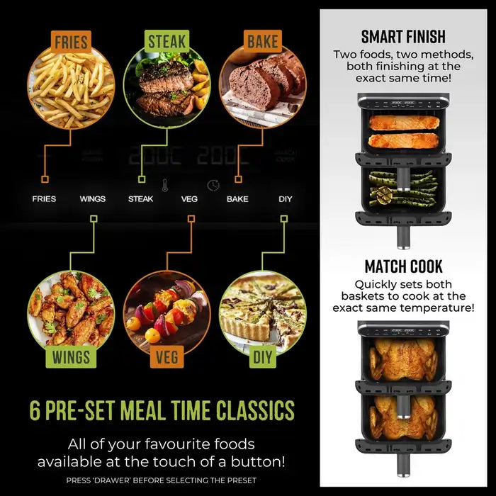 Tower T17190 Vortx 11 Liter Dual Layer Air Fryer, Black with Chrome Trim