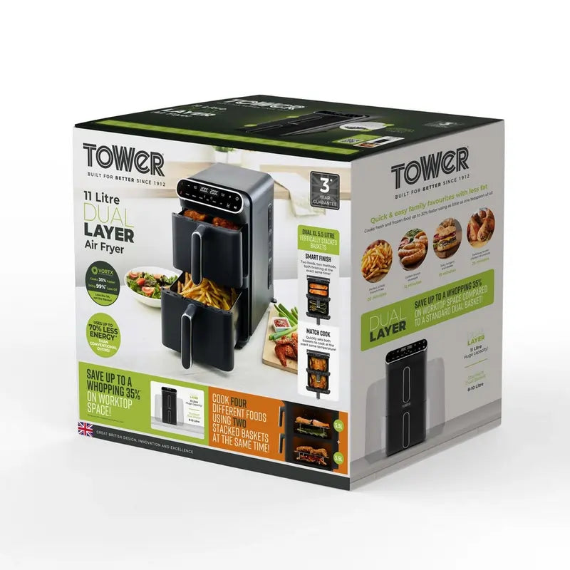 Tower T17190 Vortx 11 Liter Dual Layer Air Fryer, Black with Chrome Trim