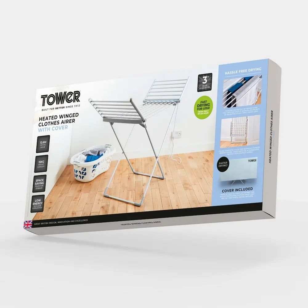Tower T25003 Heated Winged Clothes Dryer/Airer with Cover, Silver