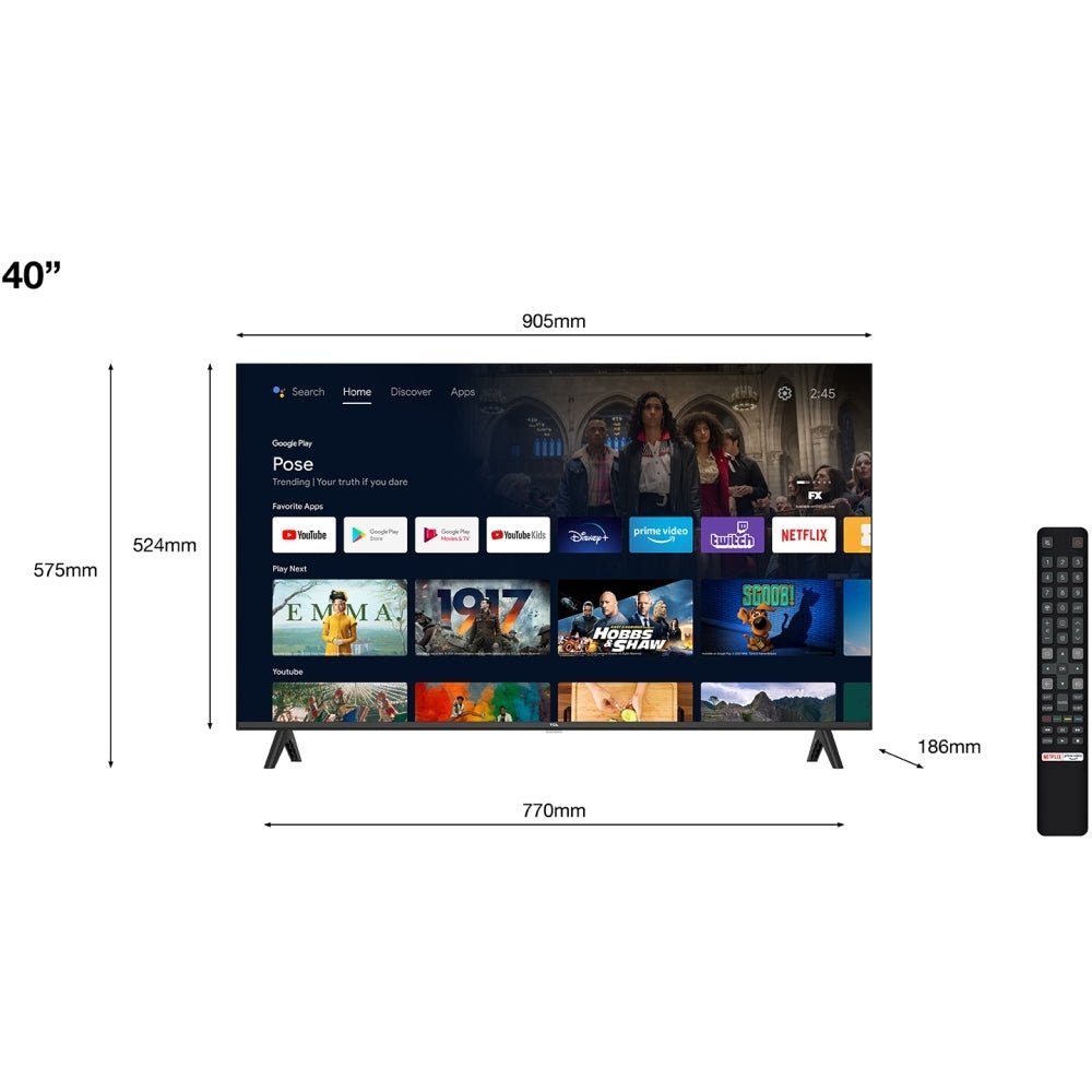 TCL 40S5400AK S54 Series 40" LED Smart Frameless FHD HDR TV with Android TV, Full HD, Black, F Rated | Atlantic Electrics
