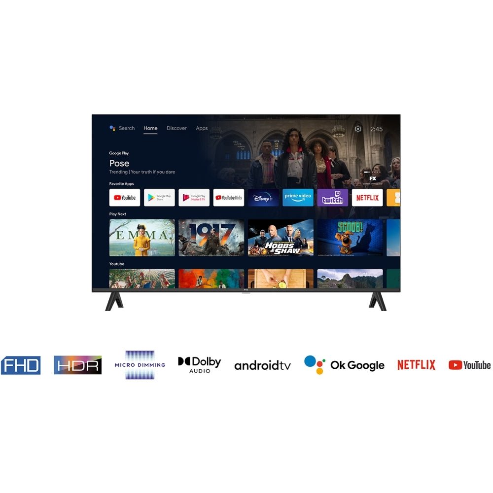 TCL 40S5400AK S54 Series 40" LED Smart Frameless FHD HDR TV with Android TV, Full HD, Black, F Rated | Atlantic Electrics
