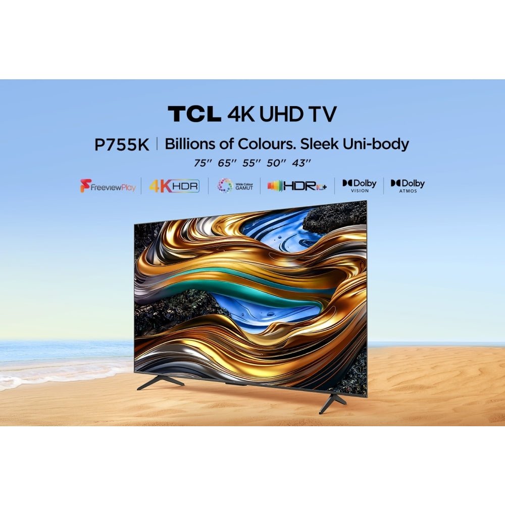 TCL 43P755K 43" LED 4K Ultra HD Smart TV, Grey, F Rated | Atlantic Electrics