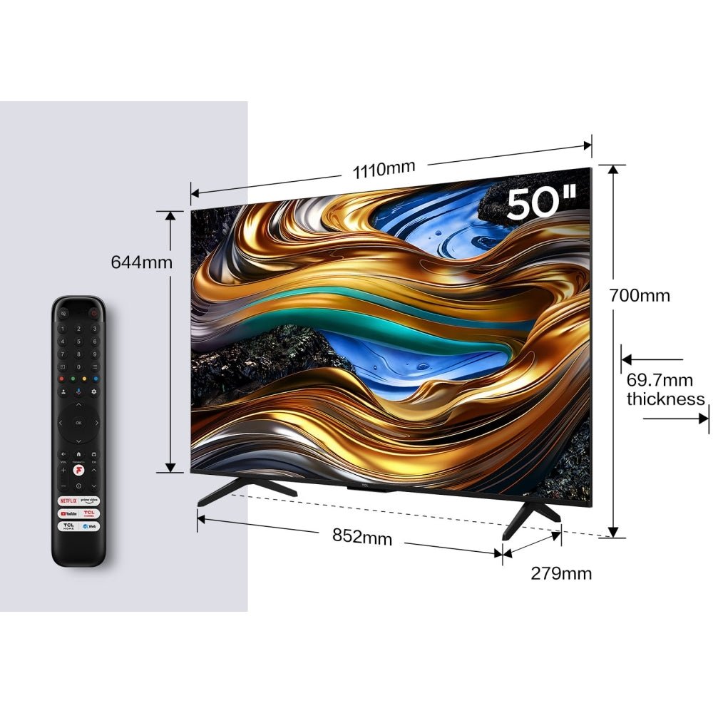 TCL 50P755K 50" LED 4K Ultra HD Smart TV, Grey, F Rated | Atlantic Electrics