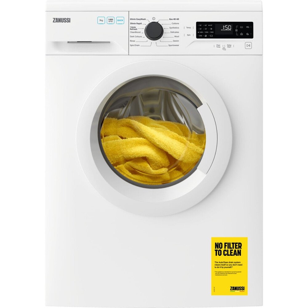 Zanussi ZWF744B3PW Washing Machine, 7kg, 1400 Spin, White, C Rated | Atlantic Electrics