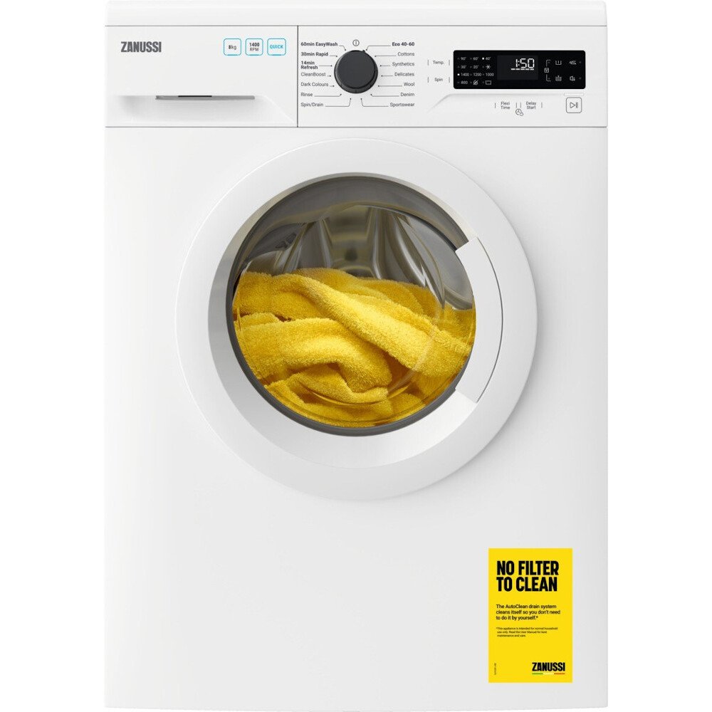 Zanussi ZWF844B3PW Washing Machine, 8kg, 1400 Spin, White, C Rated | Atlantic Electrics
