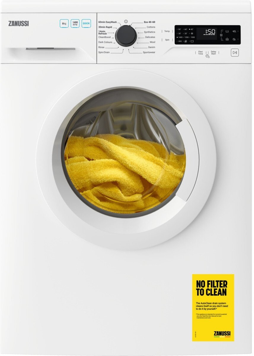 Zanussi ZWF844B3PW Washing Machine, 8kg, 1400 Spin, White, C Rated | Atlantic Electrics