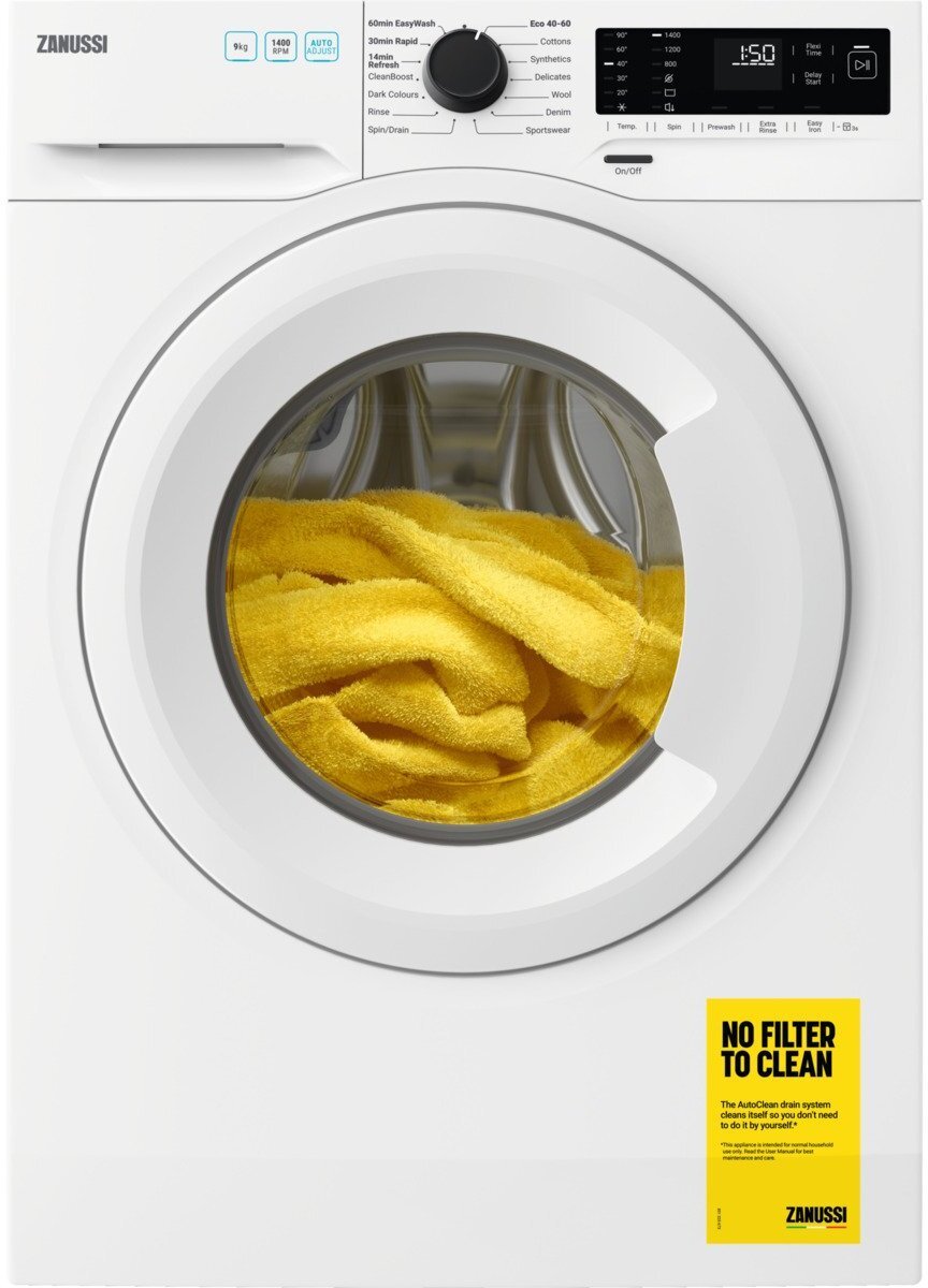 Zanussi ZWF942E3PW Washing Machine, 9kg, 1400 Spin, White, C Rated | Atlantic Electrics