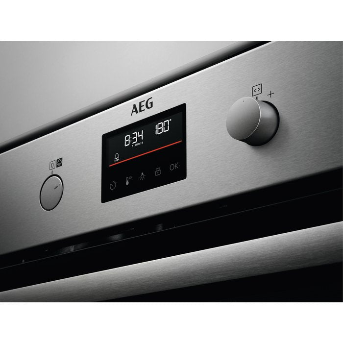 AEG BPK355061M SteamBake Single Oven with Pyrolytic Cleaning - Stainless Steel | Atlantic Electrics