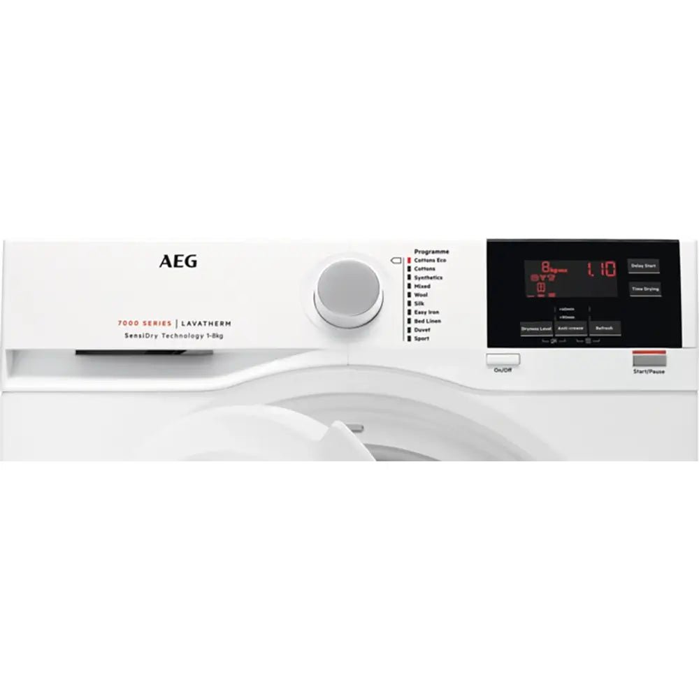 AEG T7DBG840N 7000 Series 8KG Freestanding Heat Pump Tumble Dryer, SensiDry®, 59.6cm Wide - White | Atlantic Electrics