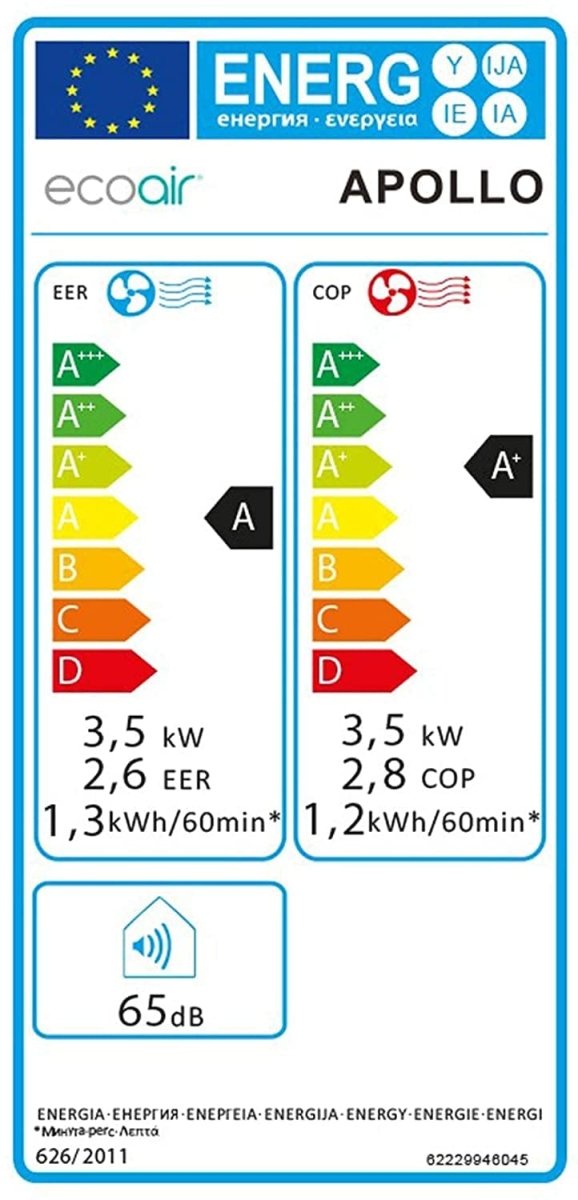 EcoAir Apollo MK2 12000 BTU Heat Pump Portable Air Conditioning R290 | Timer | Cooling Heating Fan Dehumidify | 3 Fan Speeds | Remote Control | Class A | Carbon Filter | Atlantic Electrics
