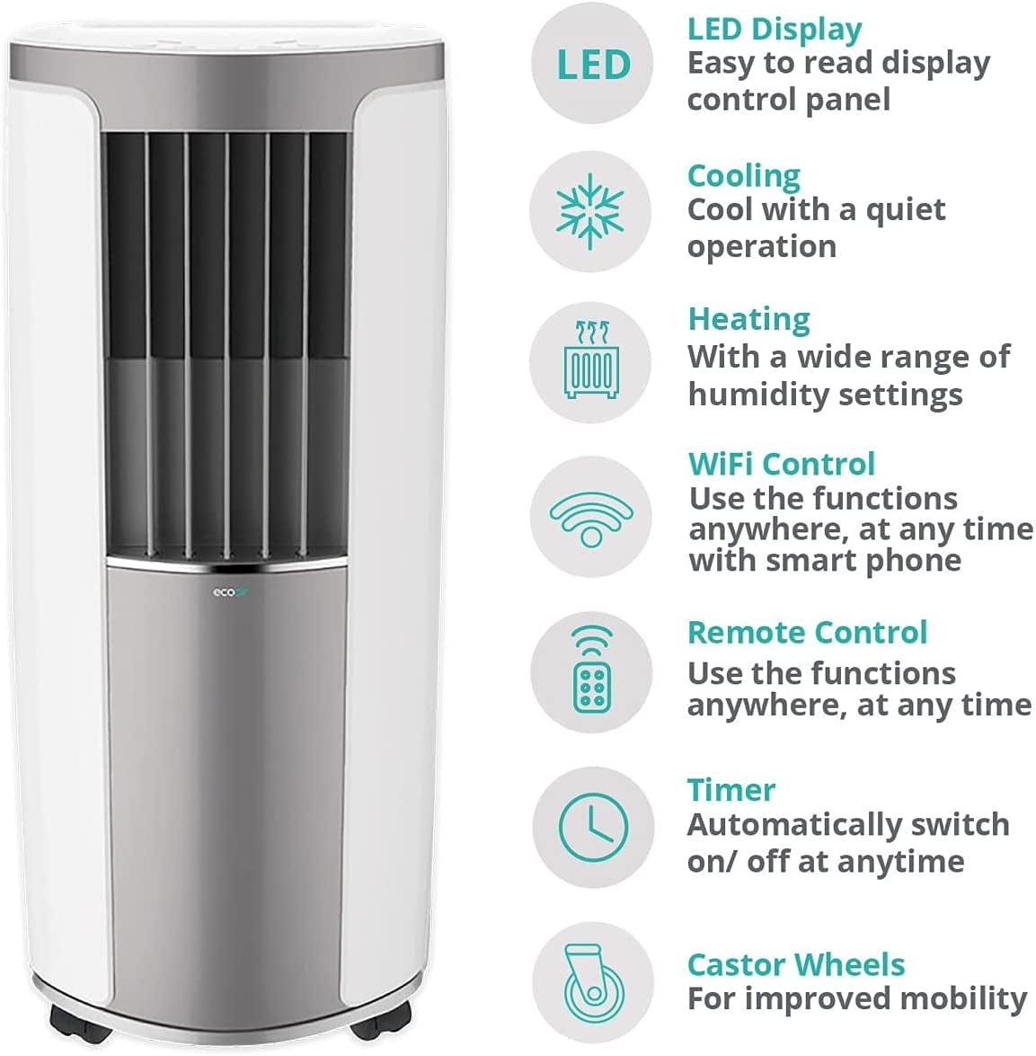EcoAir Apollo MK2 12000 BTU Heat Pump Portable Air Conditioning R290 | Timer | Cooling Heating Fan Dehumidify | 3 Fan Speeds | Remote Control | Class A | Carbon Filter | Atlantic Electrics