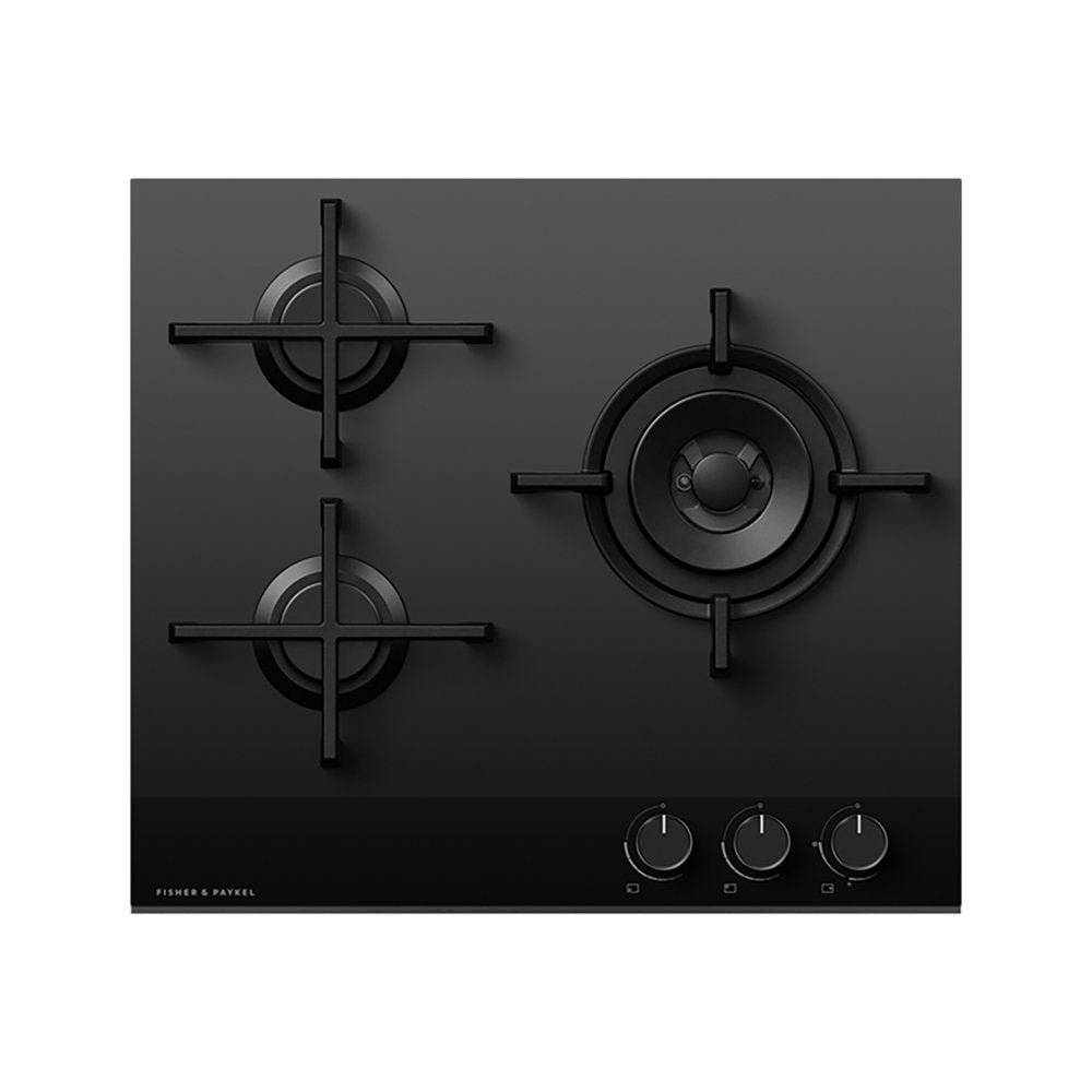 Fisher & Paykel CG603DLPGB4 Gas on Glass Hob, 3 Burners Two Dual Wok Burners, 60cm Wide, LPG- Black Glass | Atlantic Electrics