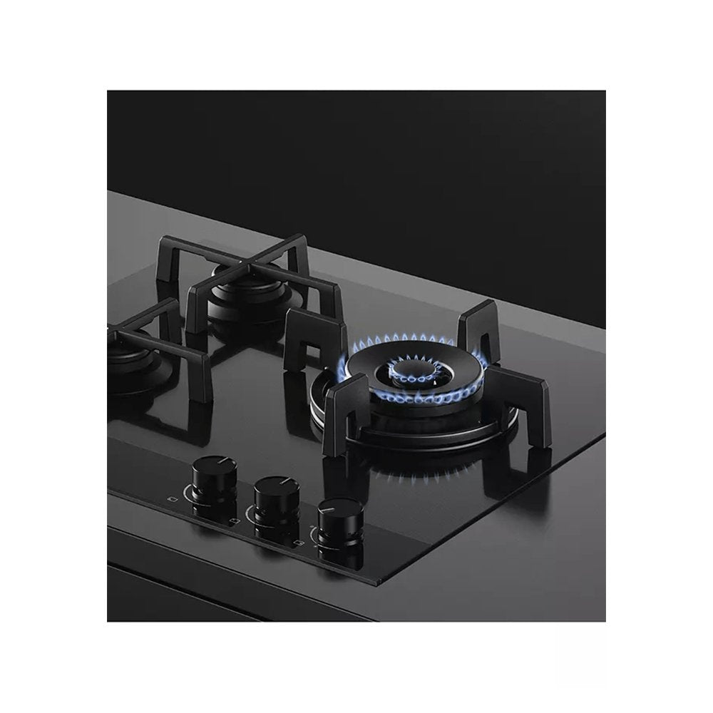 Fisher & Paykel CG603DLPGB4 Gas on Glass Hob, 3 Burners Two Dual Wok Burners, 60cm Wide, LPG- Black Glass | Atlantic Electrics