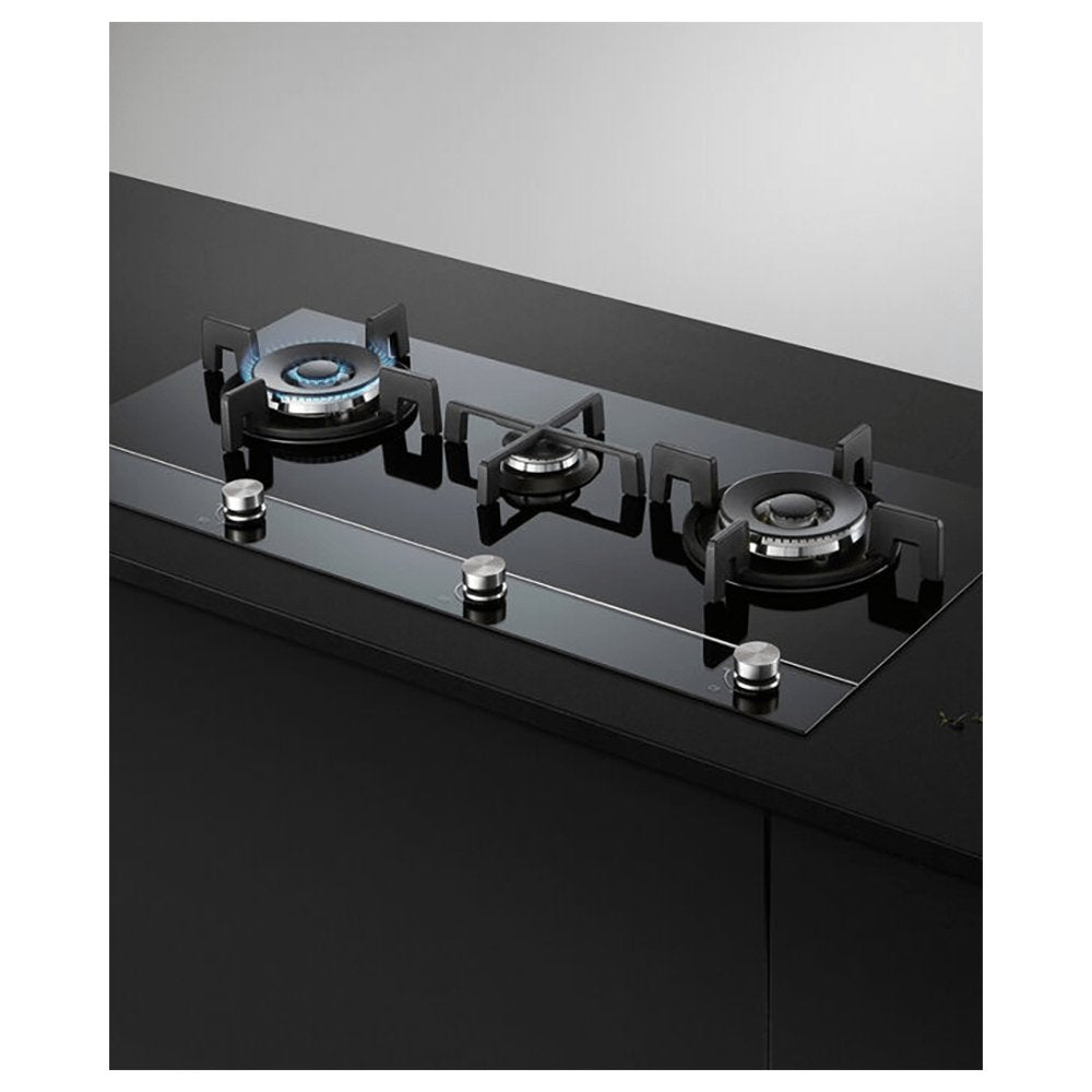 Fisher & Paykel CG903DNGGB4 Gas on Glass Hob, 3 Burners Two Dual Wok Burners, 90cm Wide- Black Glass | Atlantic Electrics