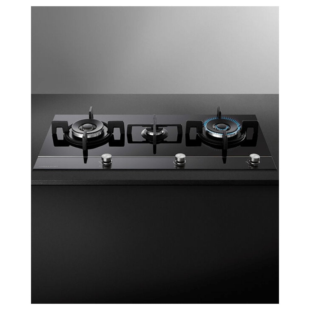 Fisher & Paykel CG903DNGGB4 Gas on Glass Hob, 3 Burners Two Dual Wok Burners, 90cm Wide- Black Glass | Atlantic Electrics