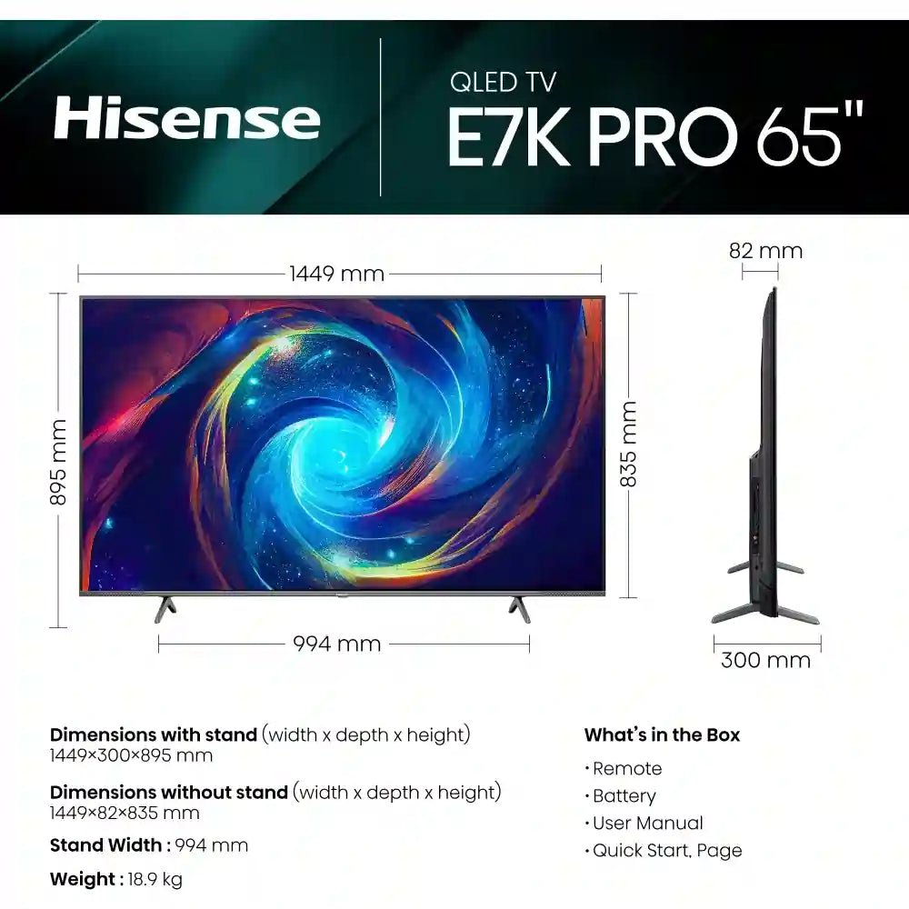 Hisense E7 Pro Series 65E7KQTUK PRO 65" 4K Ultra HD QLED Smart TV - Black | Atlantic Electrics