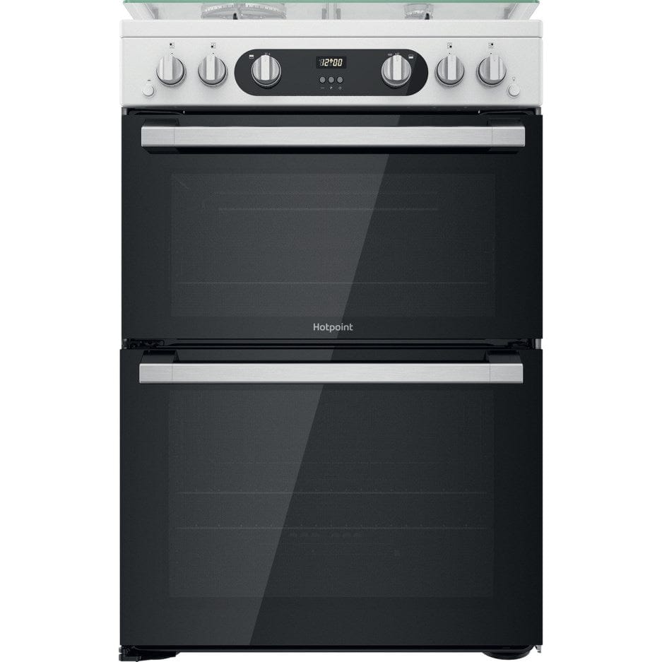 Hotpoint HD67G02CCW 60cm Gas Cooker in White Twin Cavity Oven Gas Hob | Atlantic Electrics