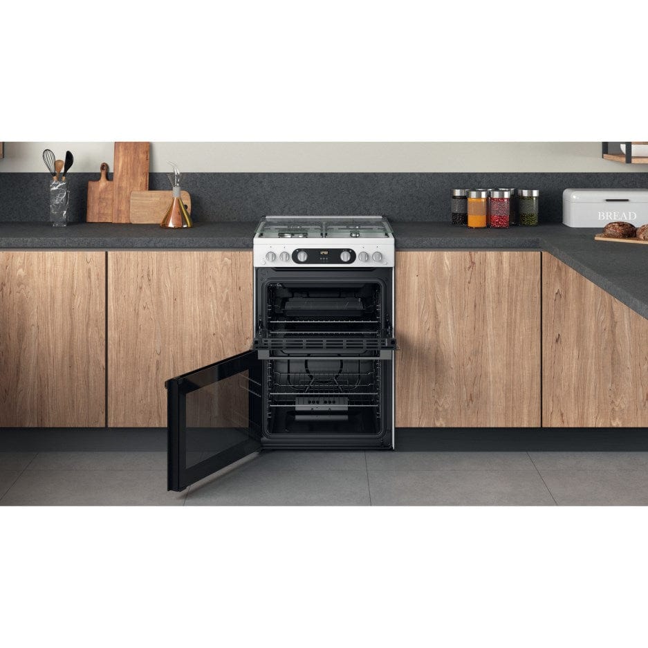 Hotpoint HD67G02CCW 60cm Gas Cooker in White Twin Cavity Oven Gas Hob | Atlantic Electrics